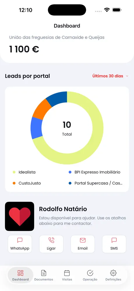 Ecrã principal da app Rodolfo Natário — acompanhamento da venda do imóvel